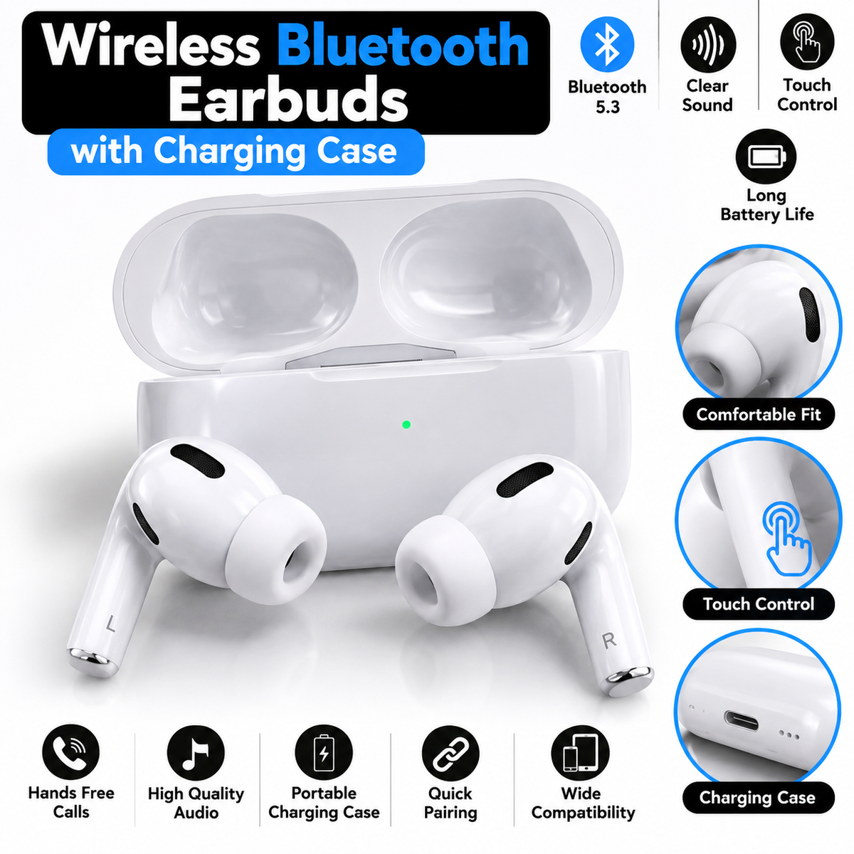 Wireless Bluetooth Pro-Style Earbuds with Charging Case – Unboxed